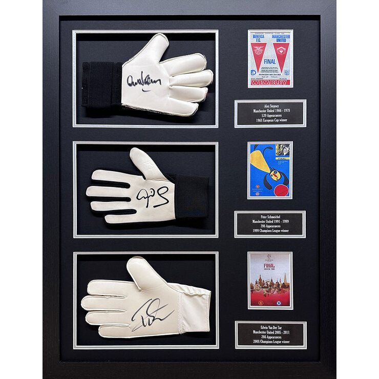 Allstarsignings signed goalkeeper gloves display, Schmeichel Van Der Sar Stepney, 87x67 cm, imported from the UK
