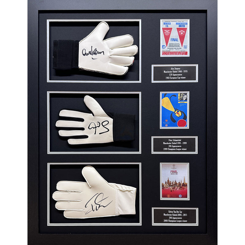Allstarsignings signed goalkeeper gloves display, Schmeichel Van Der Sar Stepney, 87x67 cm, imported from the UK