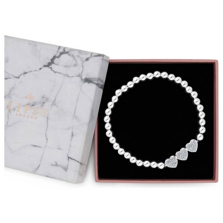 Lipsy silver crystal heart charm stretch bracelet - British product