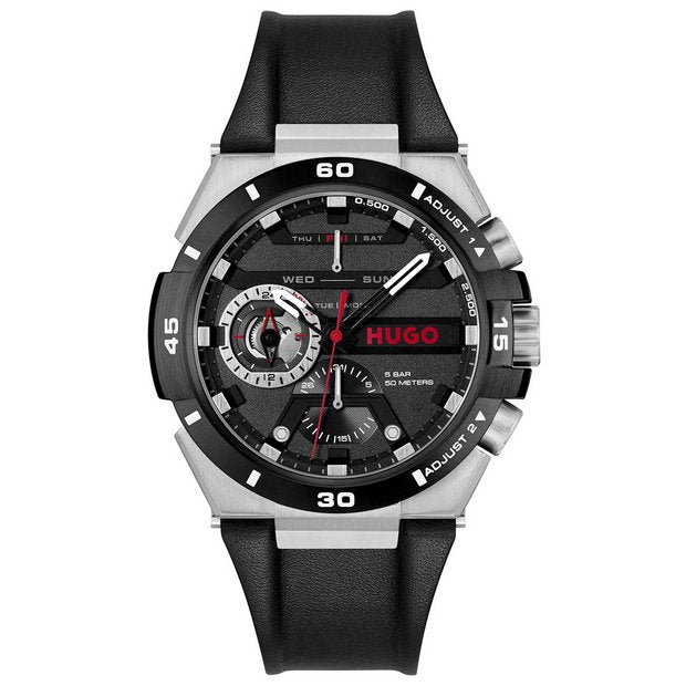 HUGO Wild black leather strap watch, imported from the UK