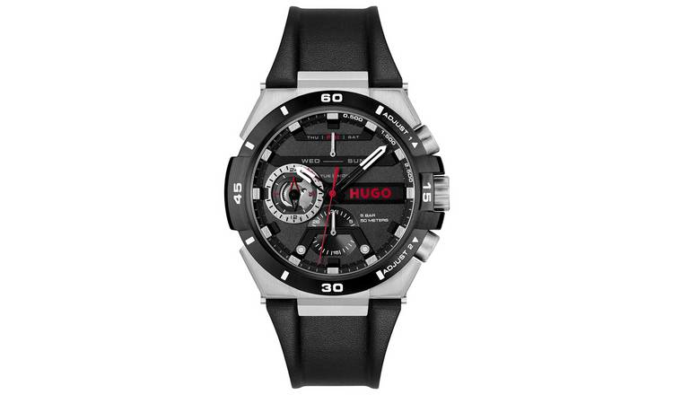 HUGO Wild black leather strap watch, imported from the UK