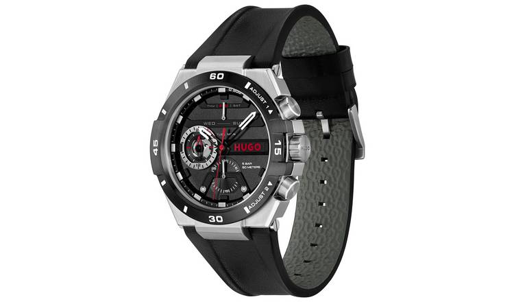 HUGO Wild black leather strap watch, imported from the UK