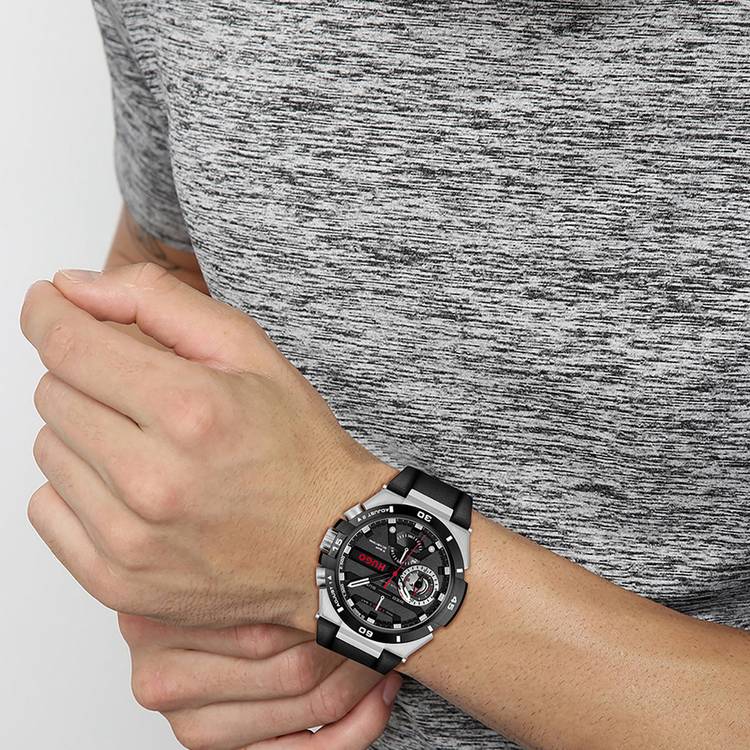 HUGO Wild black leather strap watch, imported from the UK