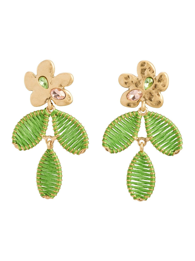 Oliver Bonas flower drop earrings green thread leaves (British brand)