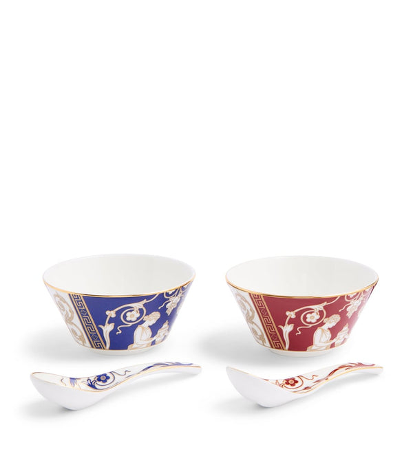 Set of 2 Renaissance Soup Bowls and Spoons with Gold-Tone Detailing