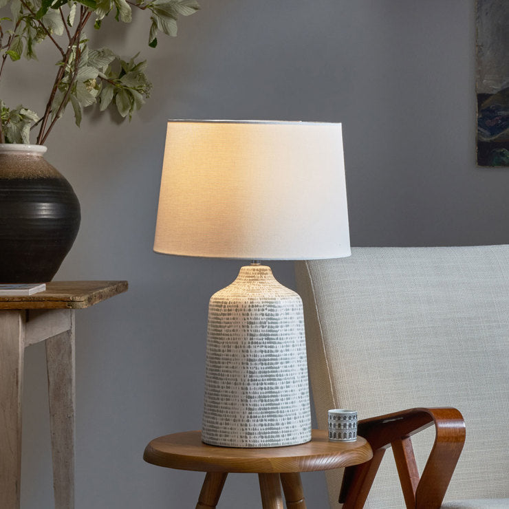 Vondra grey and white ceramic table lamp with ivory linen shade (British brand)