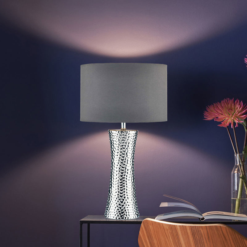 Bokara hammered effect ceramic table lamp grey satin shade - British product