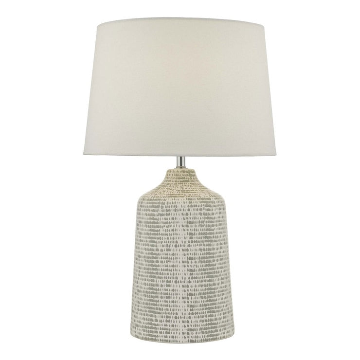 Vondra grey and white ceramic table lamp with ivory linen shade (British brand)