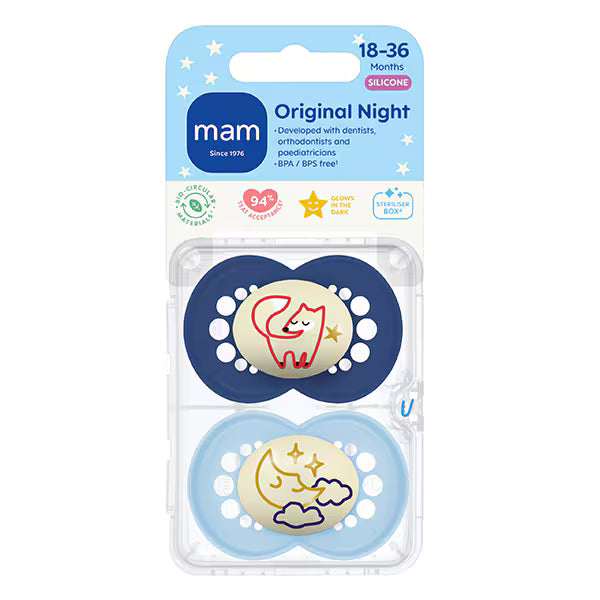 MAM night soother 18-36m 2pk, imported from the UK