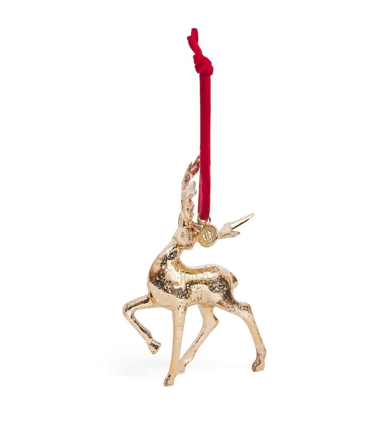 Harrods gold deer glass ornament with velvet ribbon, UK version