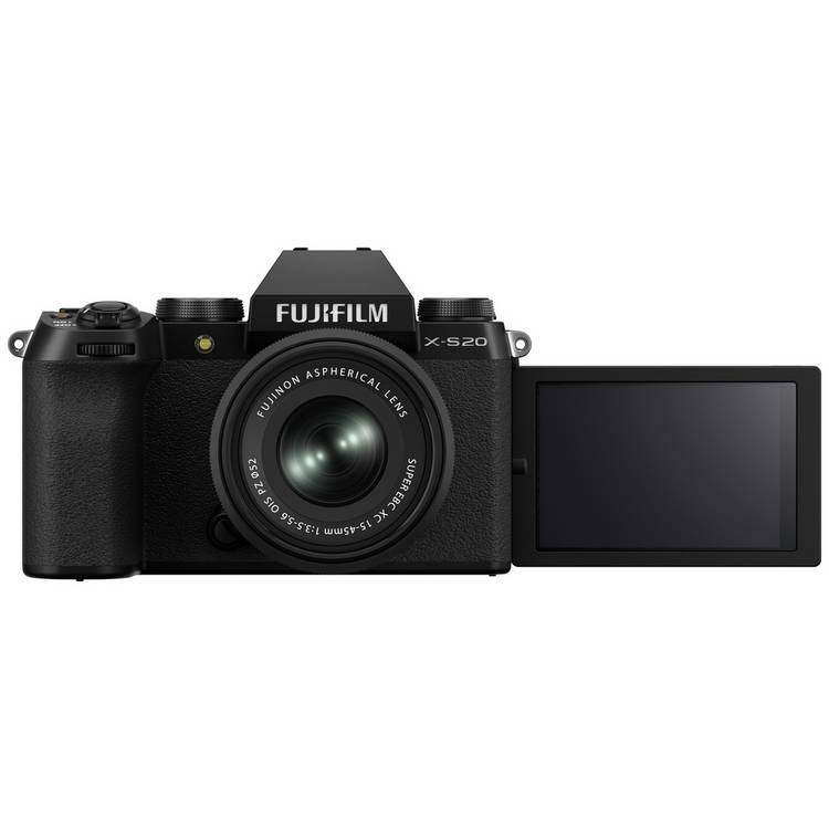 Fujifilm X-S20 black mirrorless camera with 15-45mm lens - British product