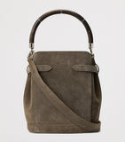Ralph Lauren suede bucket bag with burl-wood handle, imported from the UK