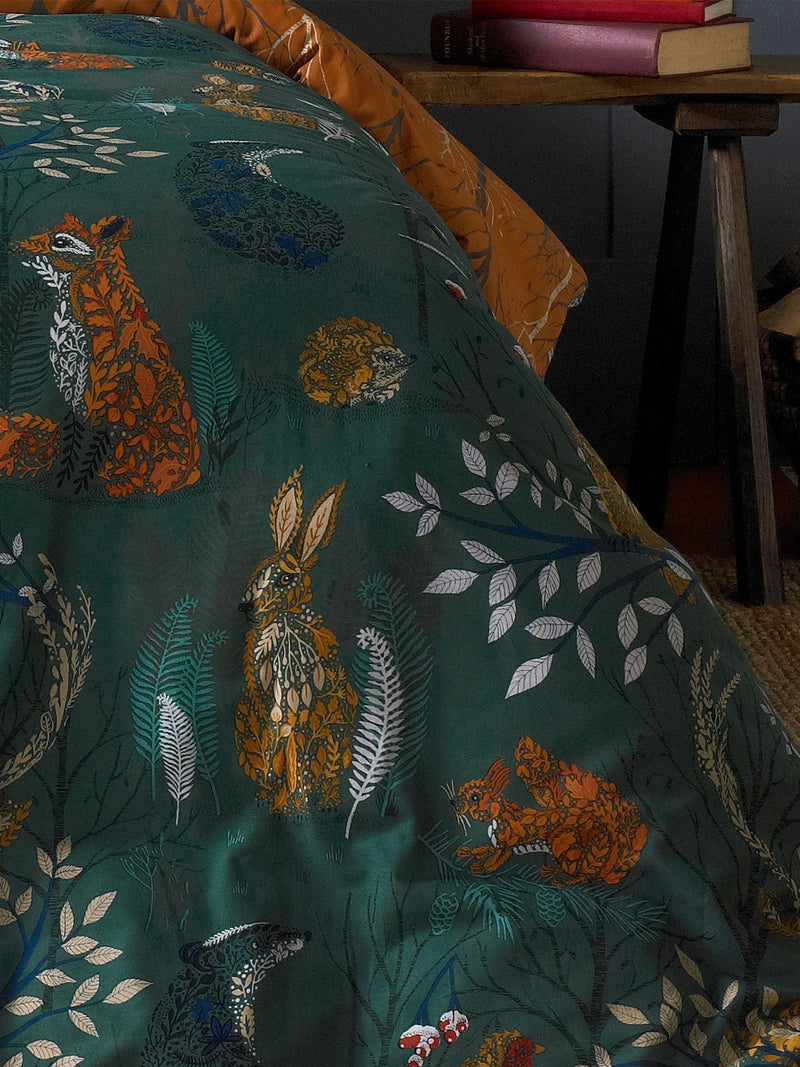 Furn Emerald Green Forest Fauna Printed Woodland Reversible Duvet Cover And Pillowcase Set