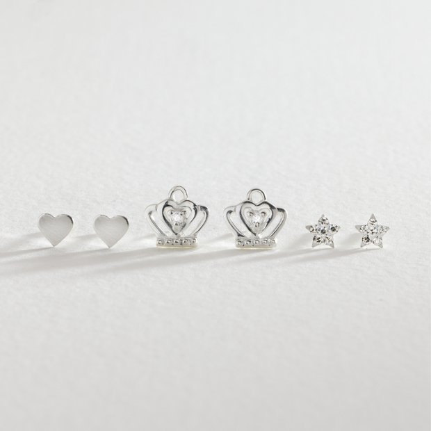 Revere sterling silver star crown heart stud earrings, imported from the UK