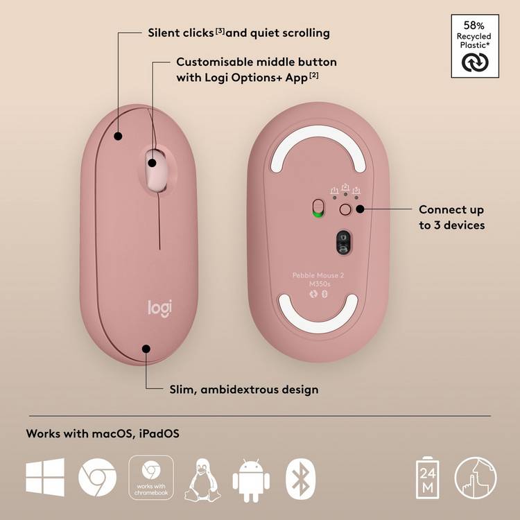 Logitech Pebble 2 wireless mouse in rose (British brand)