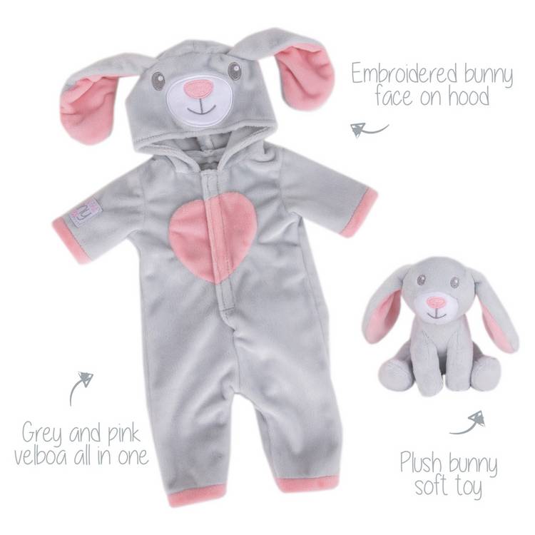 Tiny Treasures bunny doll outfit with hooded all-in-one - British product