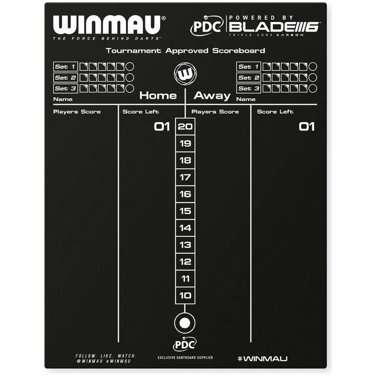 Winmau double-sided dry wipe and chalk scoreboard 45x36cm, UK version