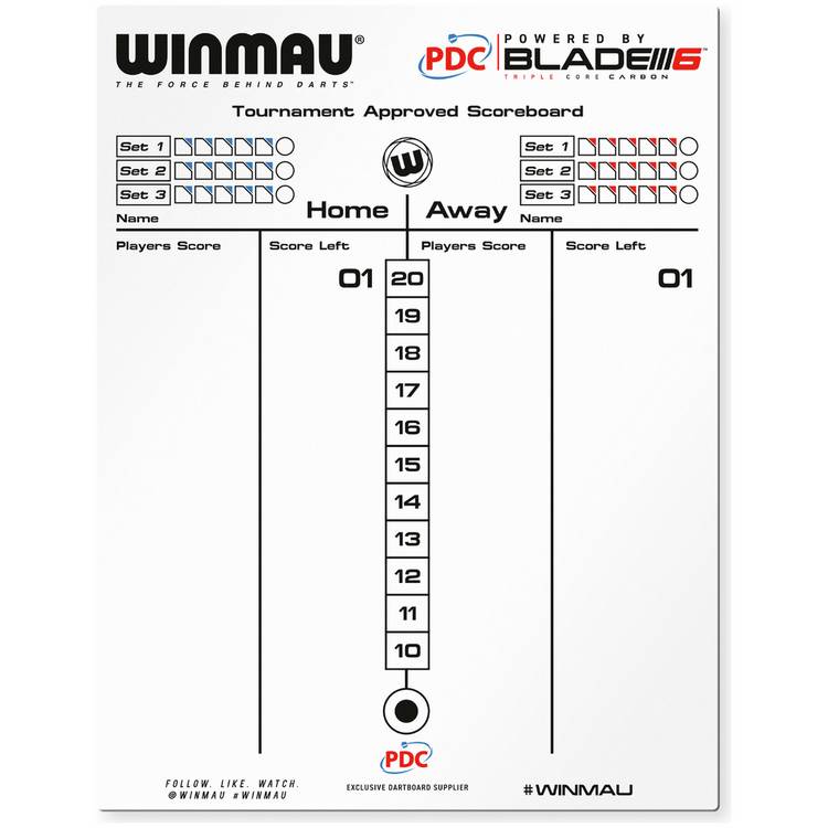 Winmau double-sided dry wipe and chalk scoreboard 45x36cm, UK version