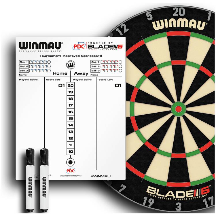 Winmau double-sided dry wipe and chalk scoreboard 45x36cm, UK version