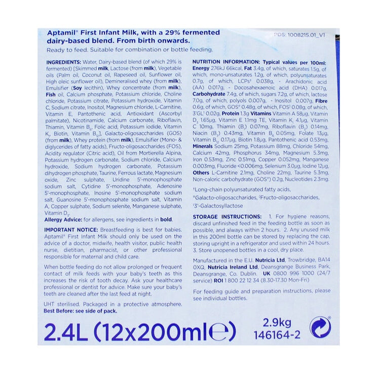 Aptamil infant milk Stage 1 12 x 200ml, imported from the UK