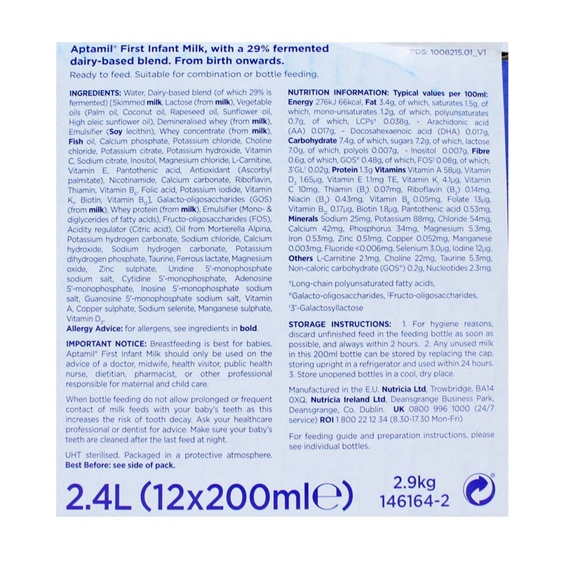 Aptamil infant milk Stage 1 12 x 200ml, imported from the UK
