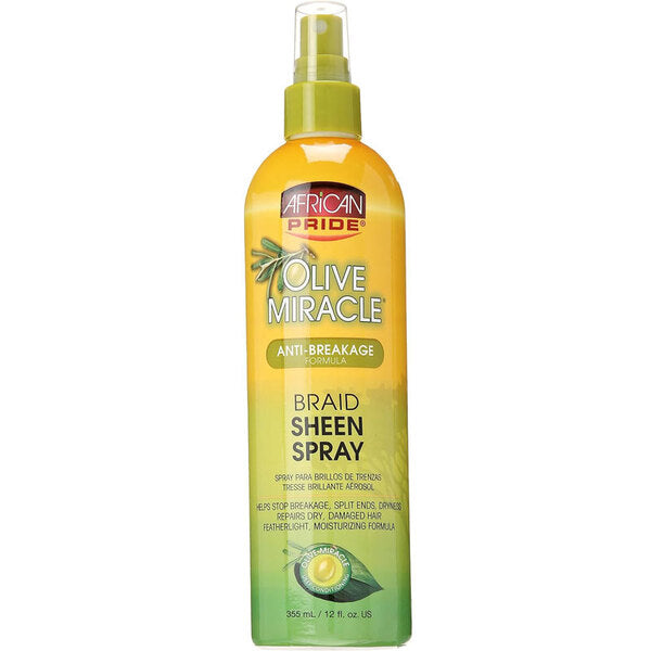 African Pride Olive Miracle braid sheen spray, imported from the UK
