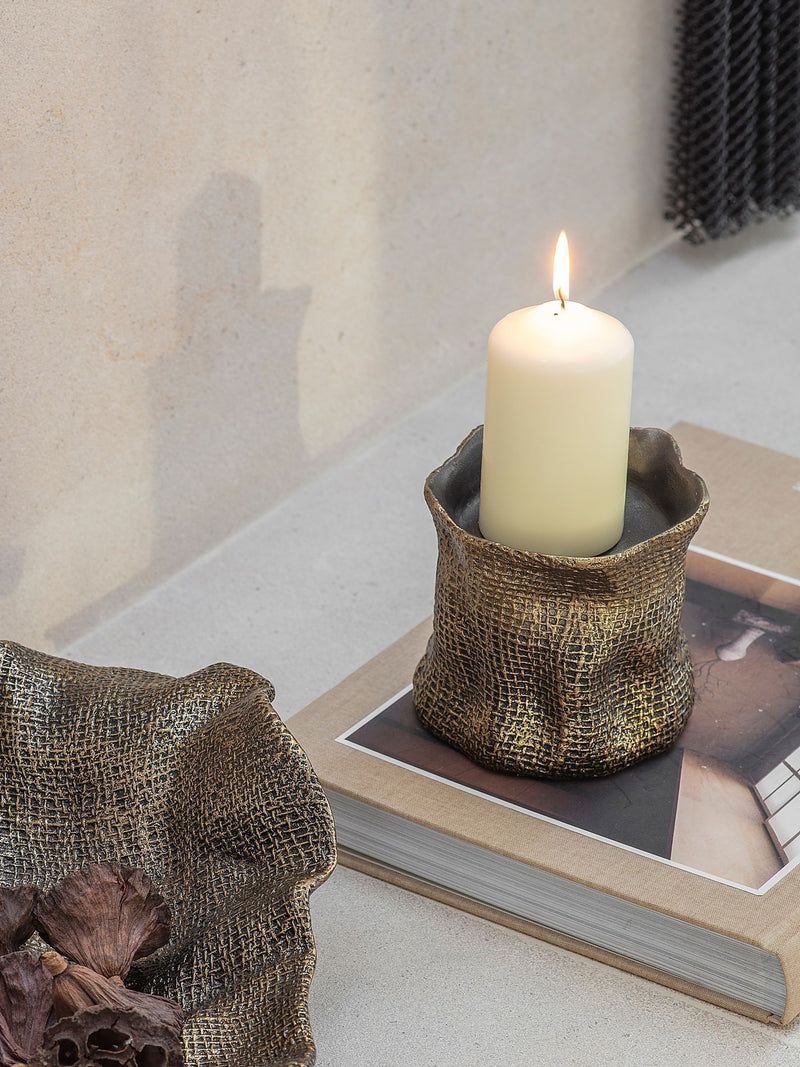 Libra Interiors antique brass gold molten weave candle holder 11.5cm (British brand)