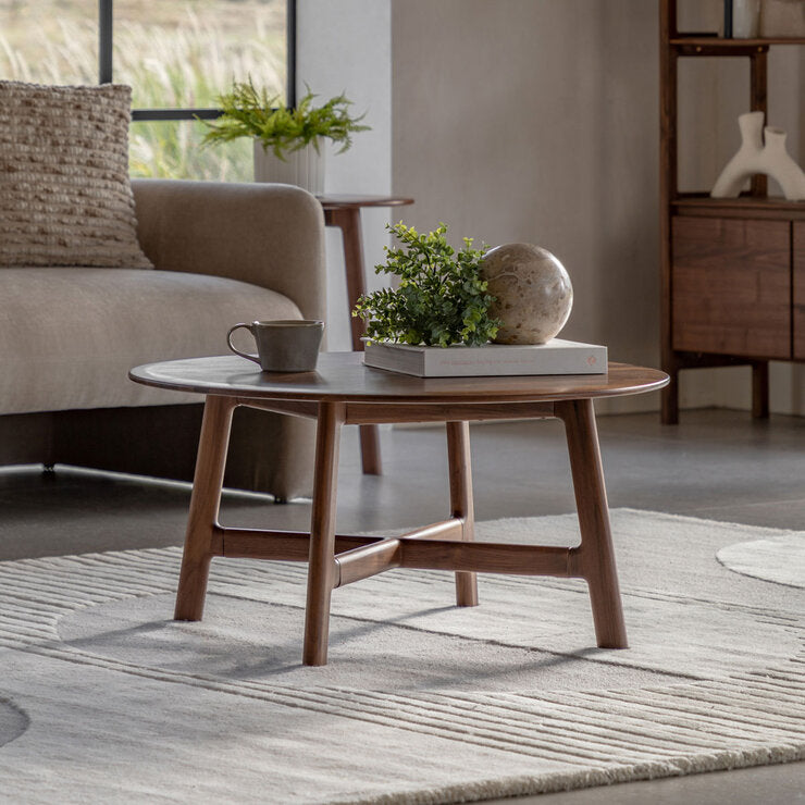 Gallery walnut round coffee table, imported from the UK