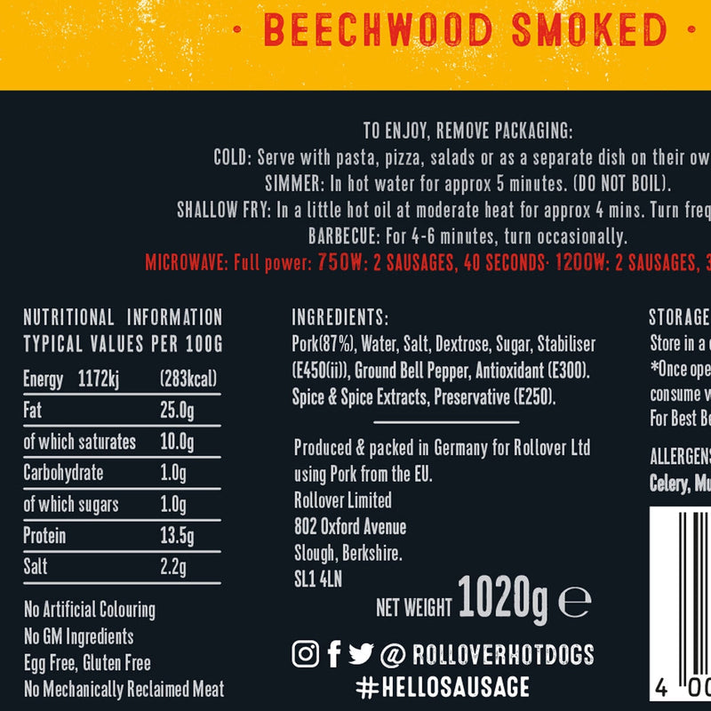 Rollover Bockwurst Hot Dogs 12 x 85g, imported from the UK
