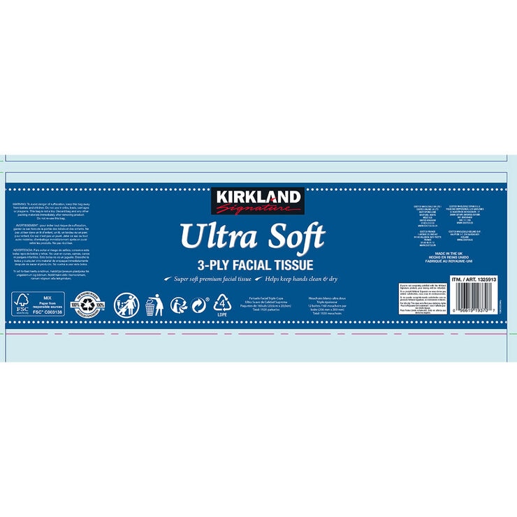 Kirkland Signature 3 PLY facial tissues 12 x 160 sheets, UK version