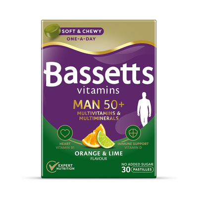 Holland & Barrett Bassetts Vitamins Man 50+ Multivitamins & Multiminerals Orange & Lime Multivitamin Pastilles 30 Pastilles- Buy online at McGrocer