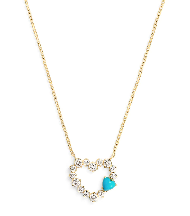 Jennifer Meyer yellow gold open heart necklace diamonds turquoise 40cm - British product