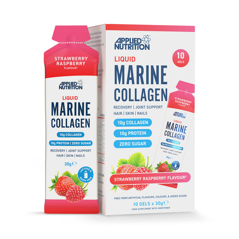Applied Nutrition liquid marine collagen gels strawberry raspberry 10 pack, imported from the UK