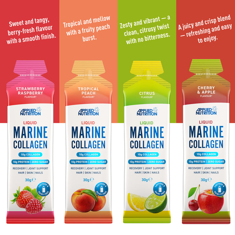 Applied Nutrition liquid marine collagen gels strawberry raspberry 10 pack, imported from the UK