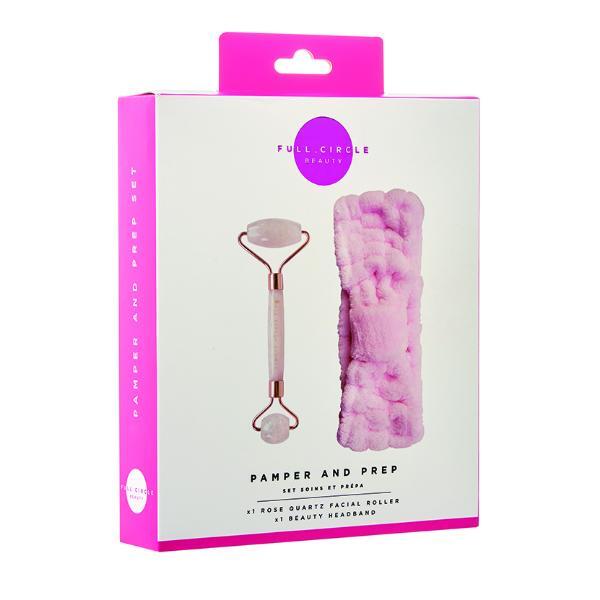 Full Circle Beauty rose quartz roller with pink headband - British product