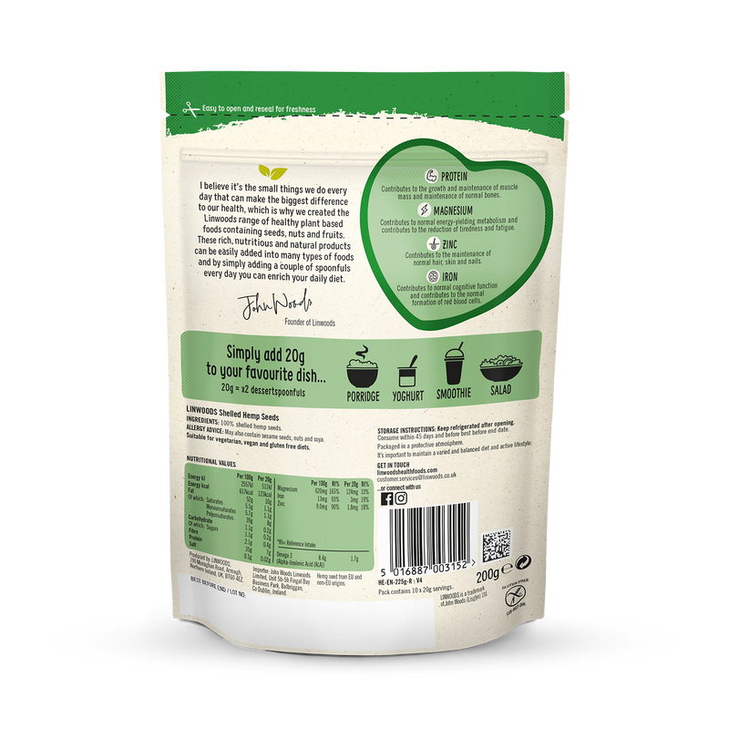 Linwoods Shelled Hemp 200g, imported from the UK