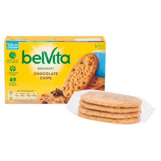 Belvita Breakfast Biscuits 30% Less Sugar Choc Chip Pack x5 225g cereal bars Sainsburys   