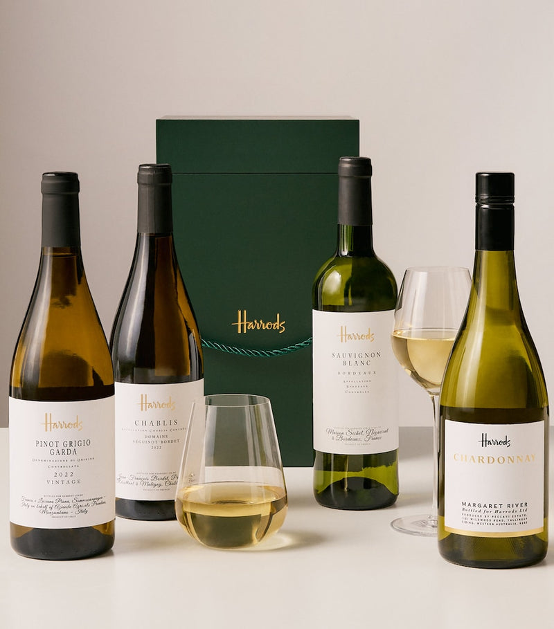 Harrods white wine gift box with four bottles, imported from the UK