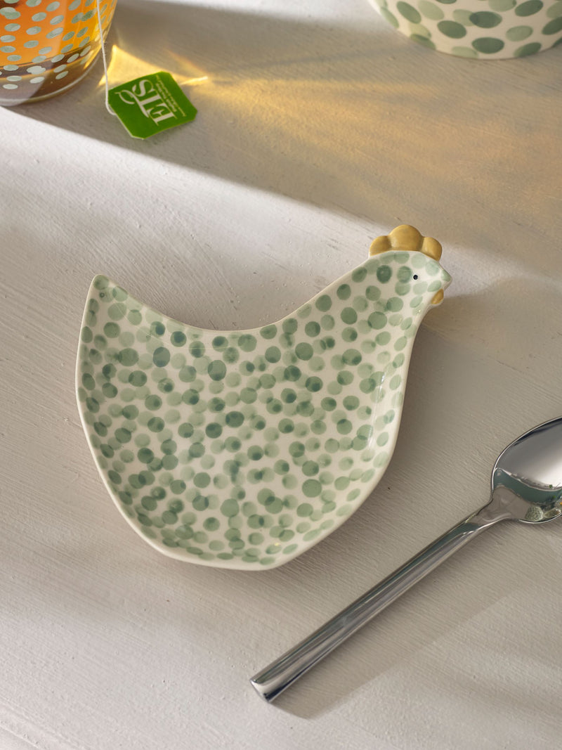 Sage green ceramic chicken spoon rest (British brand)
