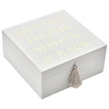 Bambino white wooden keepsake box with silver moon wording, imported from the UK