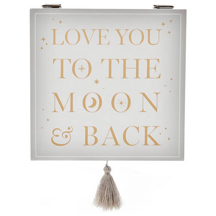 Bambino white wooden keepsake box with silver moon wording, imported from the UK