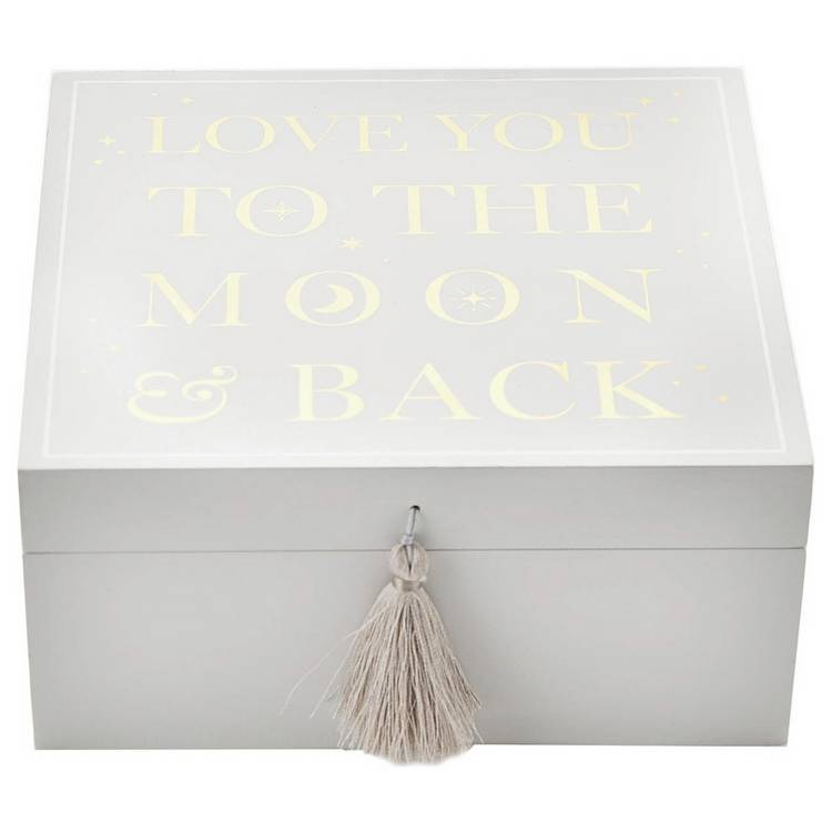 Bambino white wooden keepsake box with silver moon wording, imported from the UK