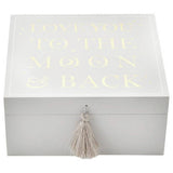 Bambino white wooden keepsake box with silver moon wording, imported from the UK