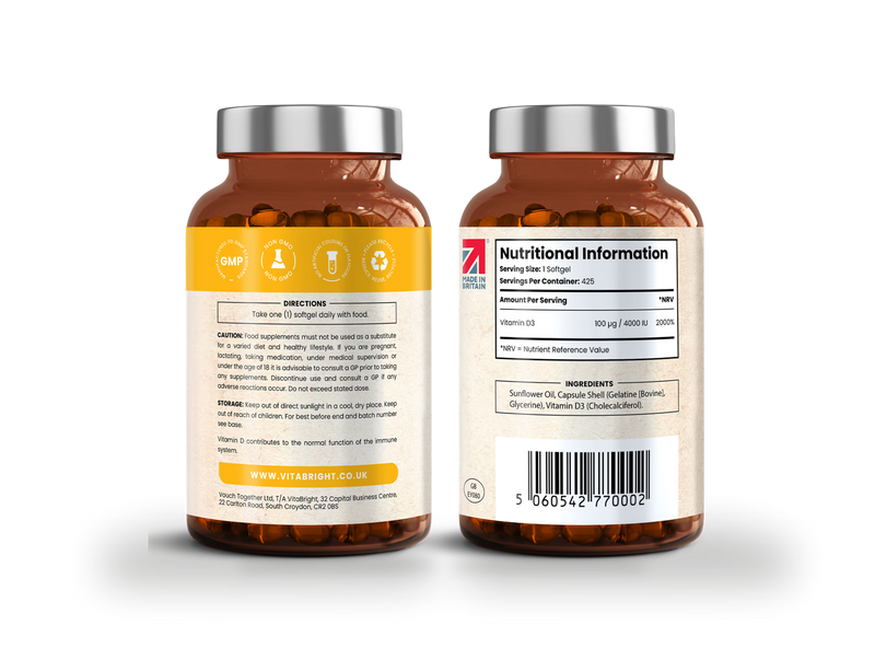 VitaBright vitamin D3 supplement 4000 IU 425 softgels, imported from the UK