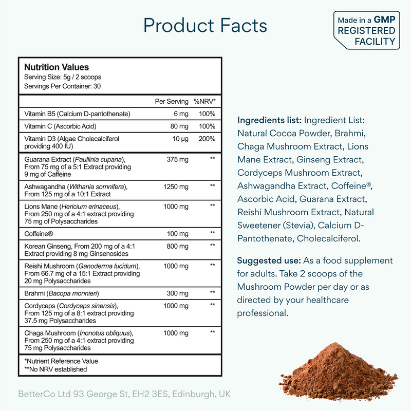 Bettervits Mushroom Complex Lion's Mane Reishi Cordyceps 30 servings, imported from the UK