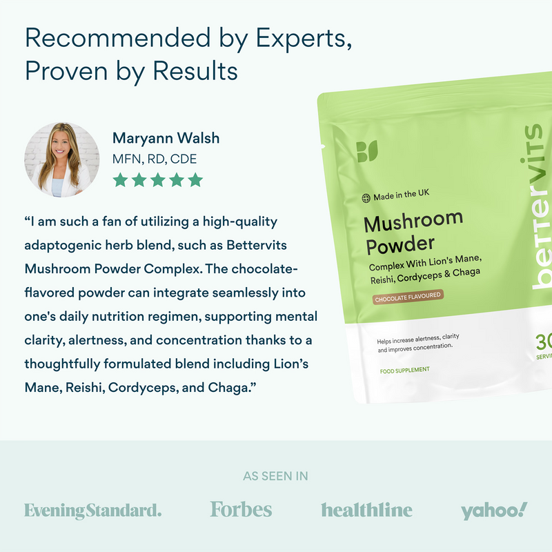Bettervits Mushroom Complex Lion's Mane Reishi Cordyceps 30 servings, imported from the UK