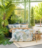 Schlossberg cotton flat sheet with all-over palm leaf print, 280cm x 290cm (British brand)