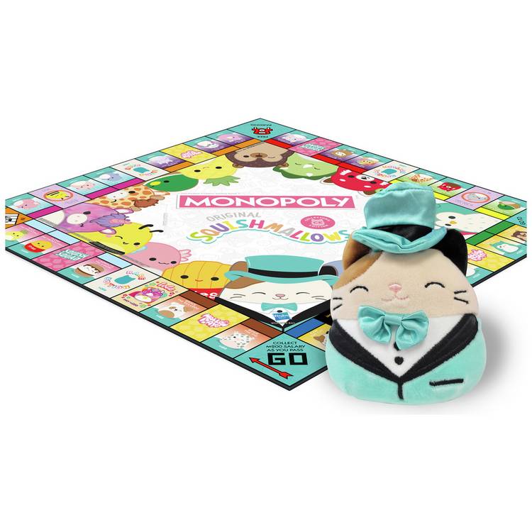 Squishmallows Monopoly board game with Cam the Cat plush, imported from the UK