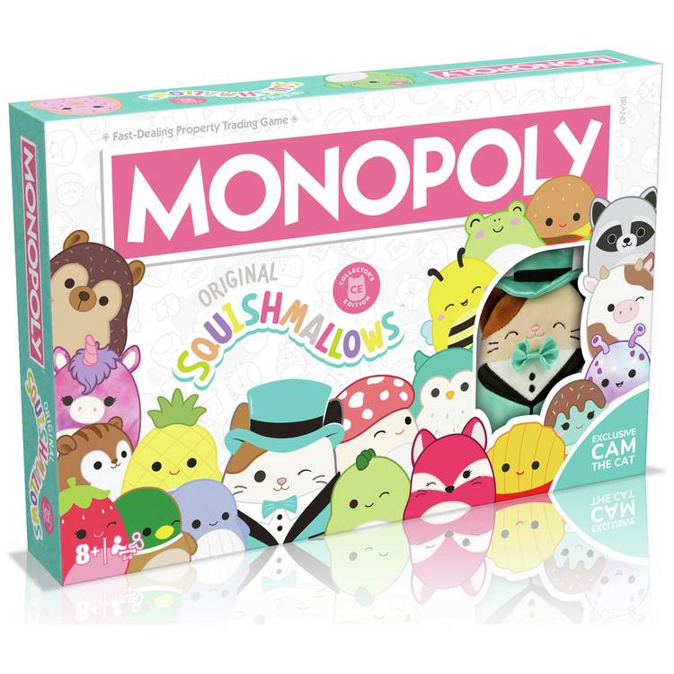 Squishmallows Monopoly board game with Cam the Cat plush, imported from the UK