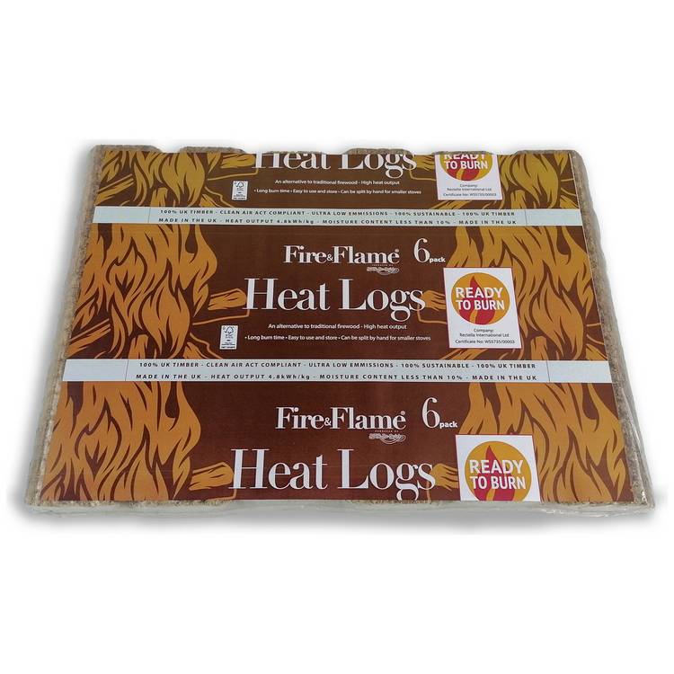 Fire and Flame heat logs 6-pack compressed wood briquettes (British brand)